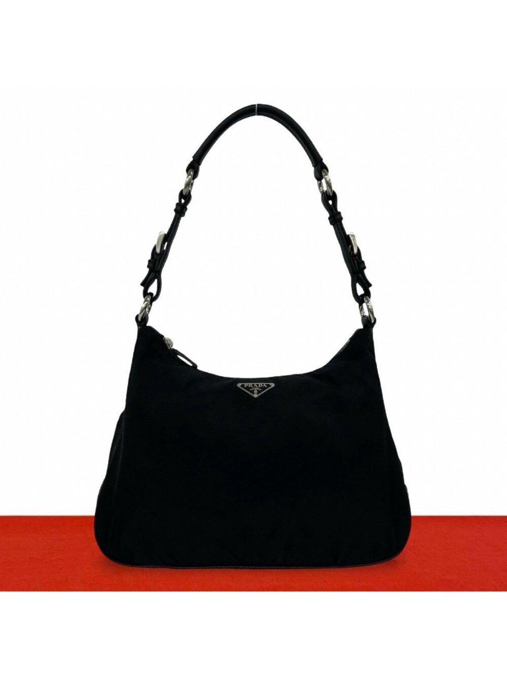 Prada Triangle Logo Tessuto Nylon Leather Shoulder Bag Black